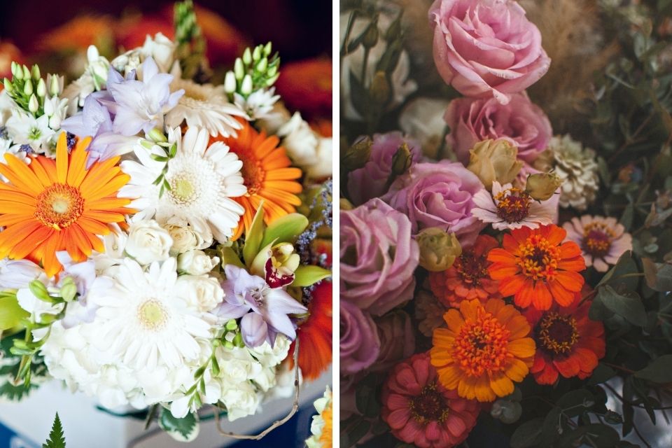 Orange, purple, and white flowers for Thanksgiving flower arrangement