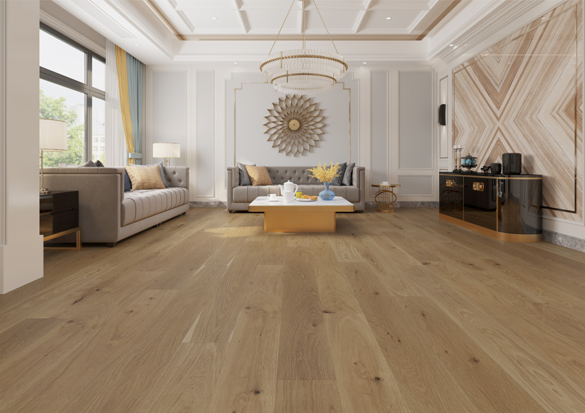 warm toned hardwood flooring with couches and maximalist decor